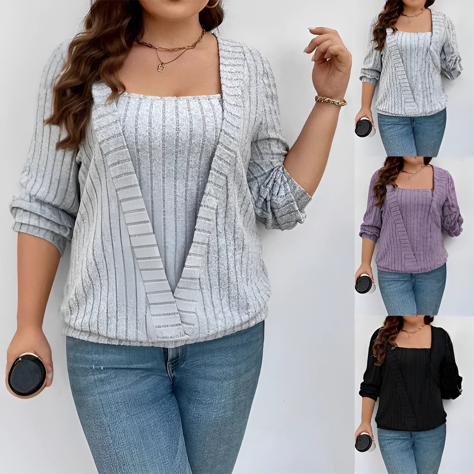 Solid colour rib fabric V-neck false two-piece suit with long sleeves in loose fit