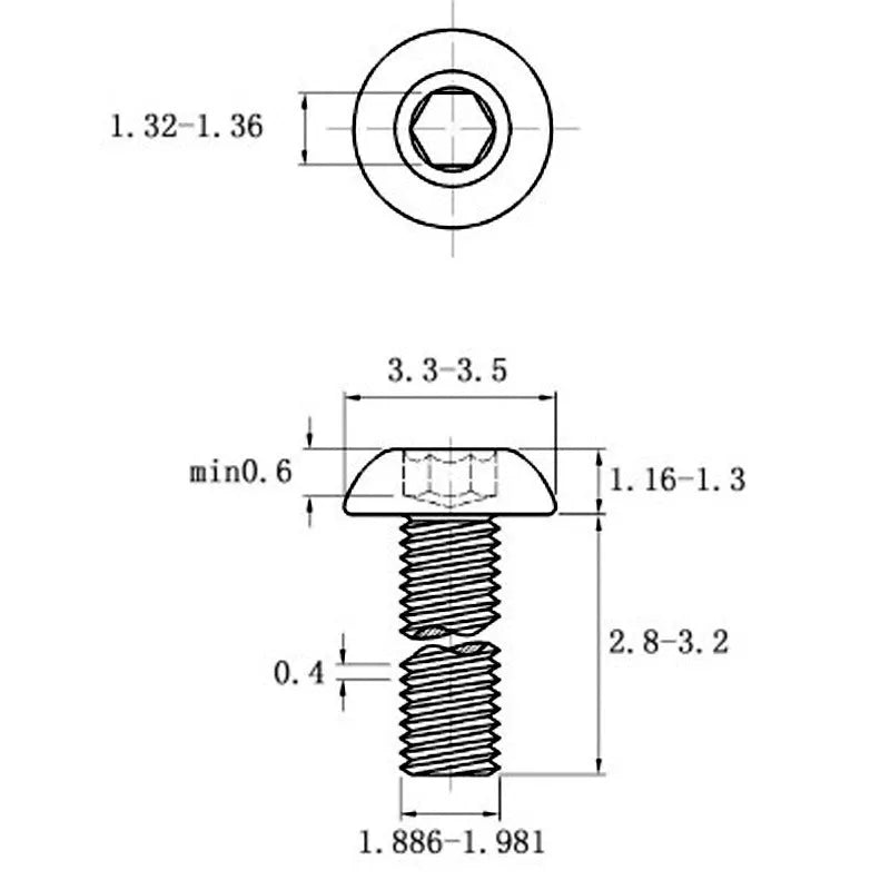 Stainless steel half round head hex socket screw with 16mm length and 5.7mm head dimension