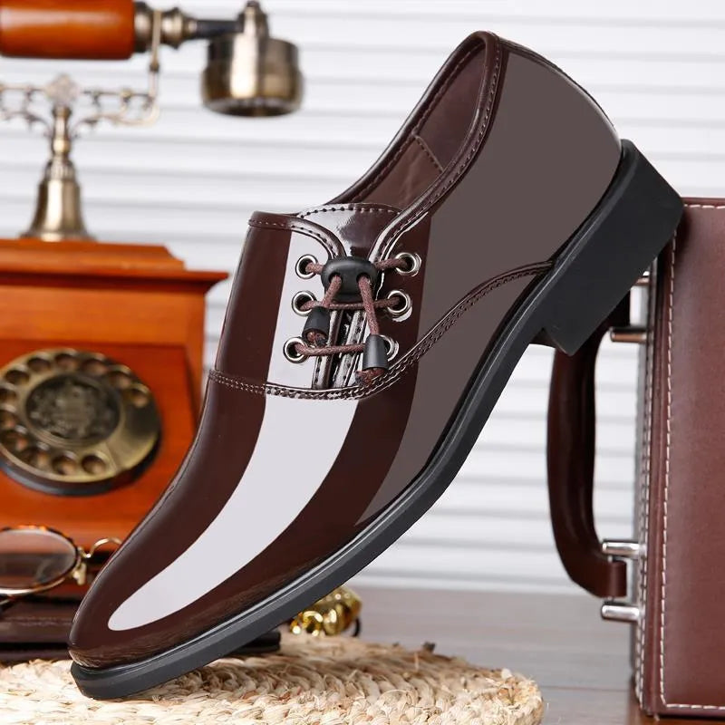 Men's black and brown formal lace-up shoes with round toe and square rubber sole.
