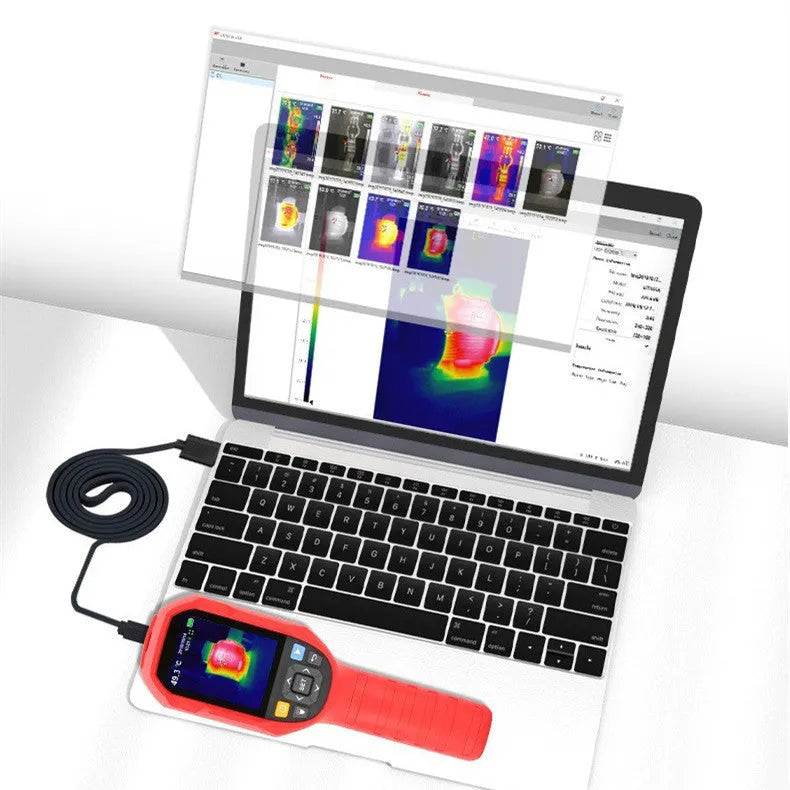 UTi260B handheld infrared thermal imager with colour screen showing a thermal image of an electrical panel.