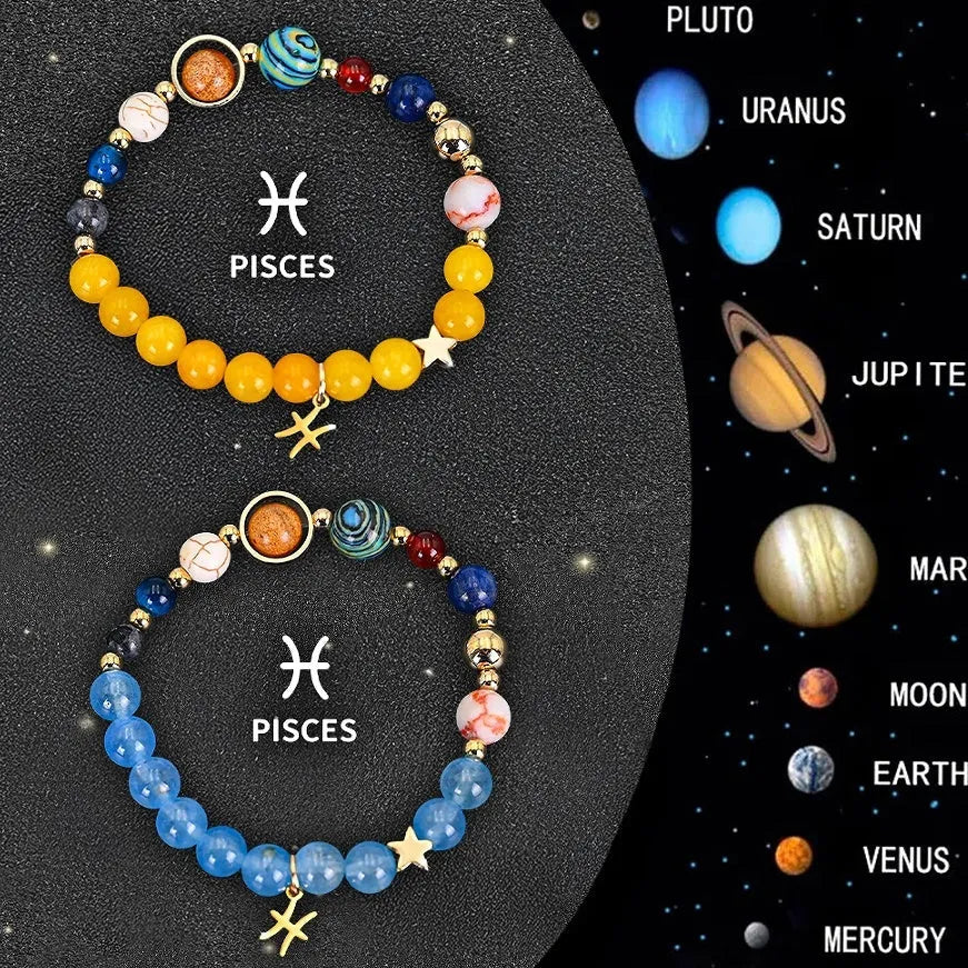Natural stone beaded zodiac bracelet set showing adjustable elastic cord and twelve astrology sign designs