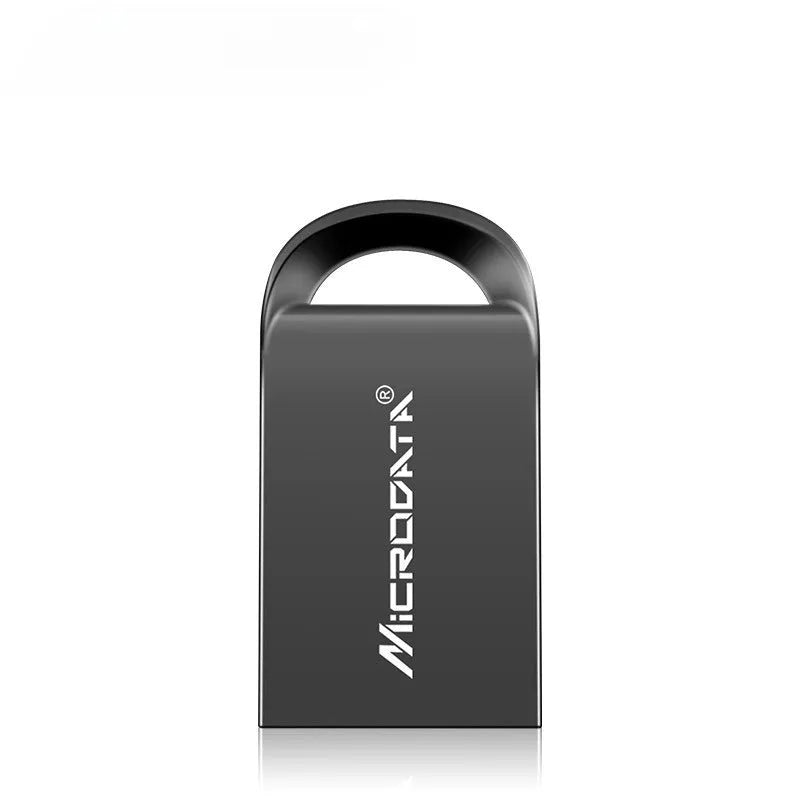 Silver metal USB flash drive on a keyring chain against a dark background