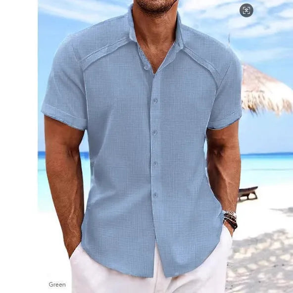 Men's Hawaiian casual short sleeve shirt in cotton blend fabric showing solid colour options
