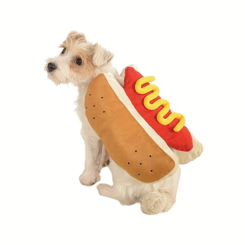 A dog wearing a stuffed polycotton hot dog costume suit for parties.