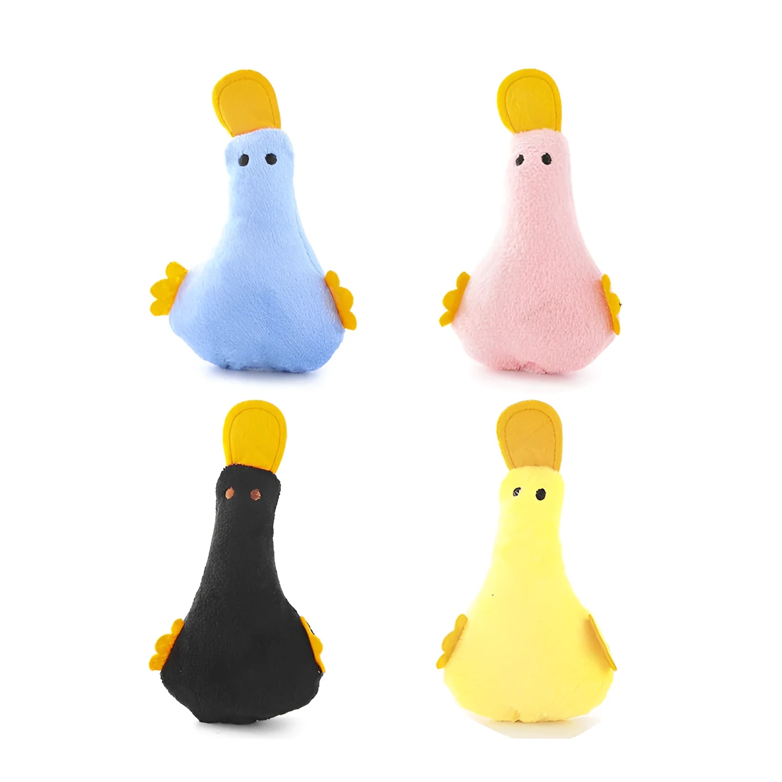 Colourful duck-shaped plush pet toy with squeaker and catnip for cats and dogs.
