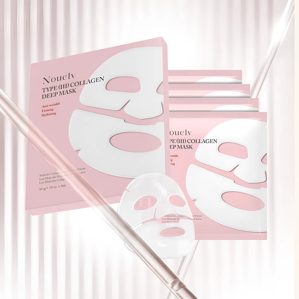 Collagen layered patch face mask pack containing four pieces for skincare treatment