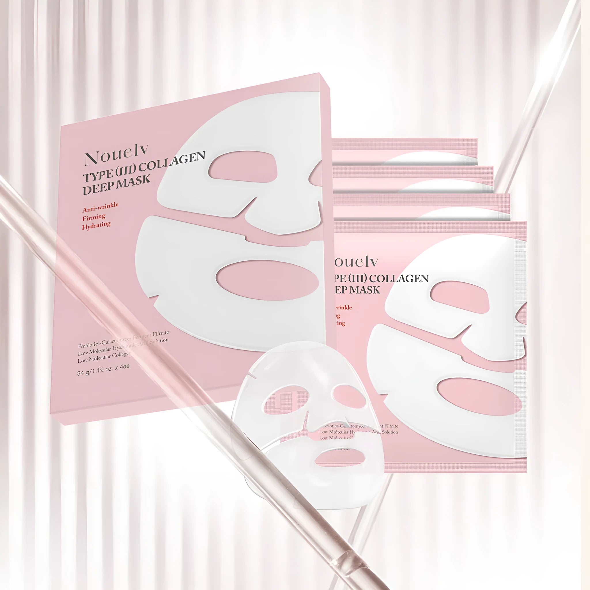 Collagen layered patch face mask pack containing four pieces for skincare treatment