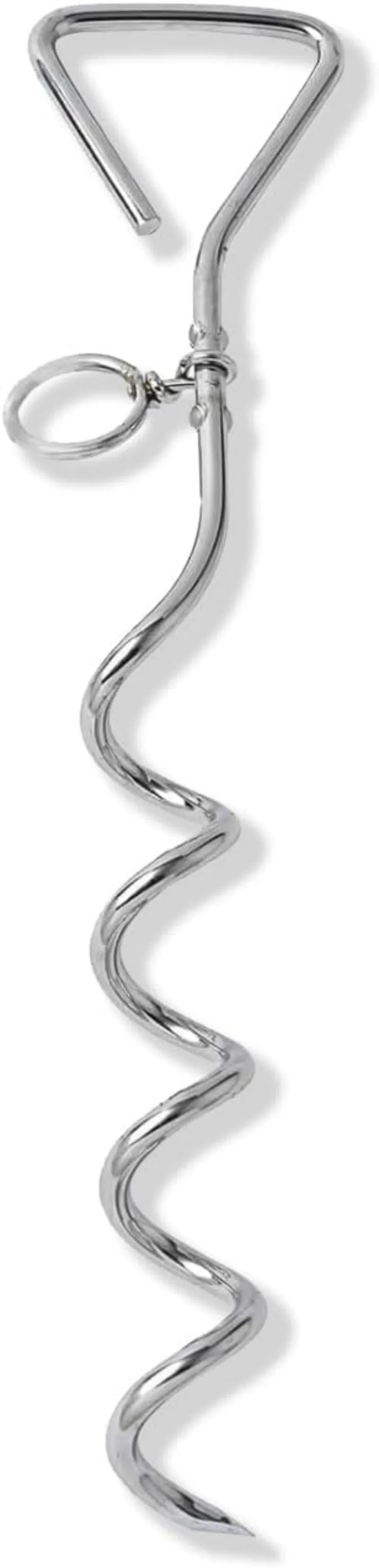 Silver spiral dog tie out stake made of steel for secure outdoor tethering in gardens and campsites
