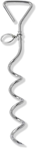Silver spiral dog tie out stake made of steel for secure outdoor tethering in gardens and campsites