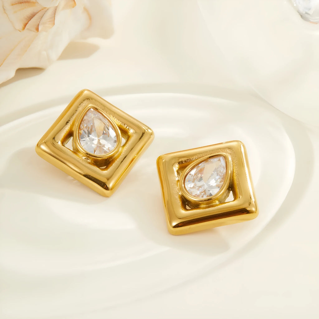 Gold geometric stud earrings with water drop zircon design on stainless steel