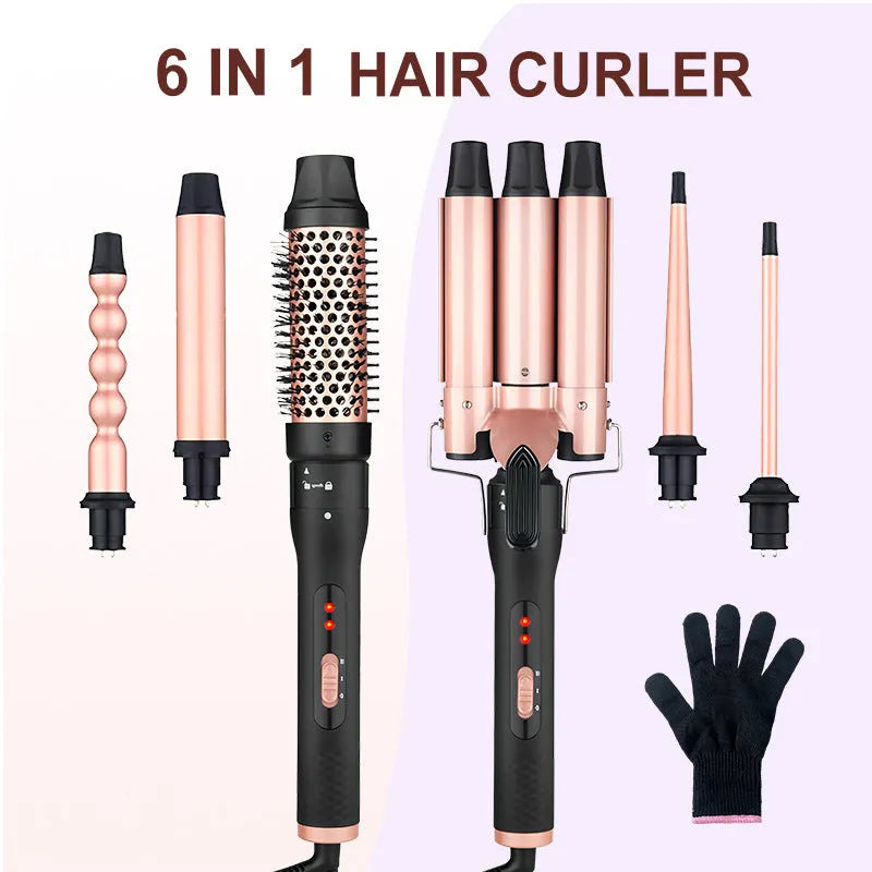 Three-tube water wave hair curler styling tool with AC power cord