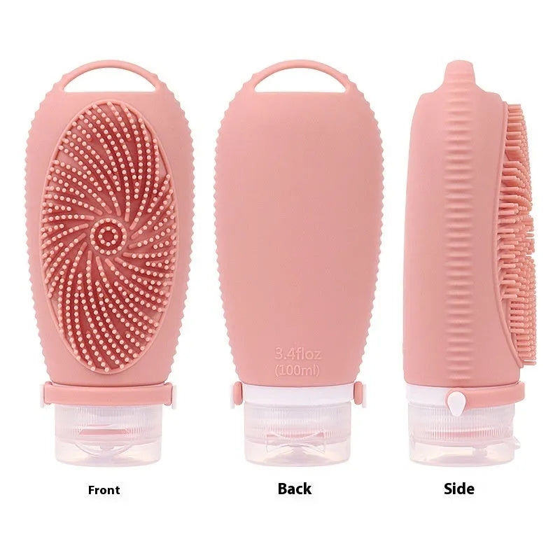 Creative silicone bath brush storage bottle in various colours including pink, sea blue and light grey.