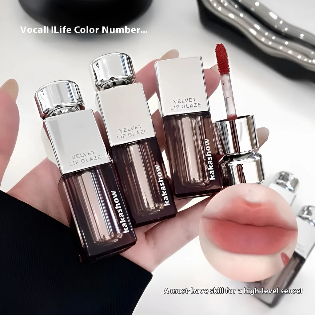 Kakashow matte velvet lipstick in a case, shade options displayed.