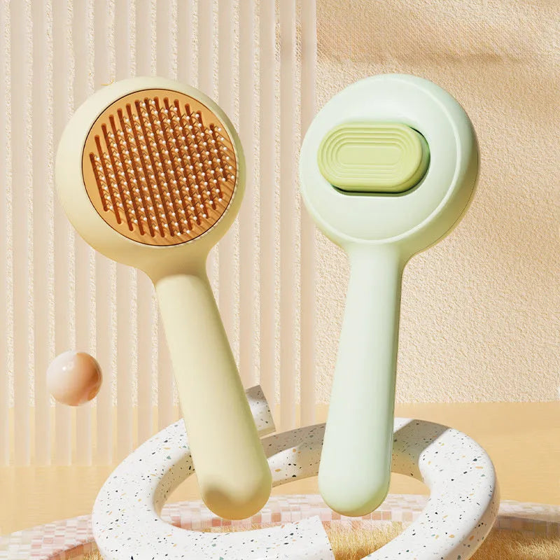 Green and yellow stainless steel pet grooming brushes with non-slip handles for cat and dog hair removal