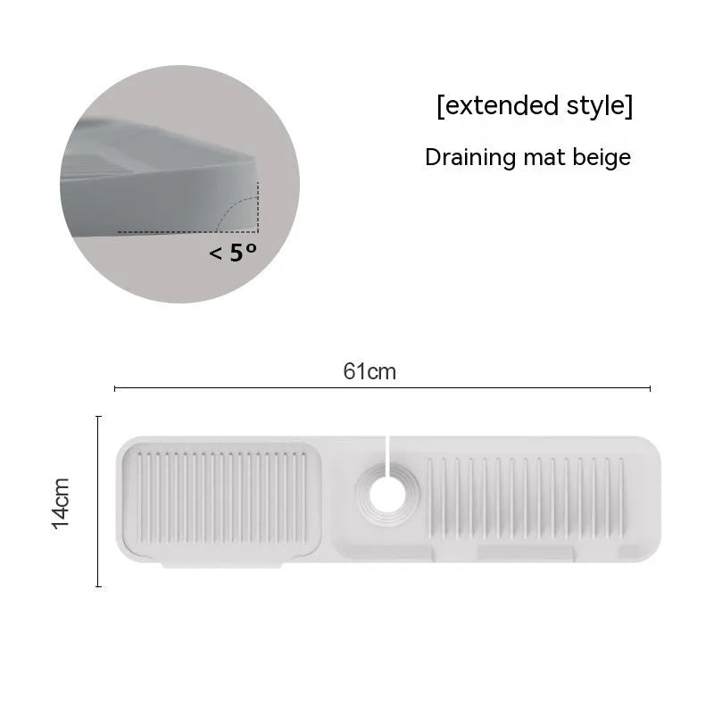 Silicone faucet splash guard pad in beige colour with sloped design and visible drain channels