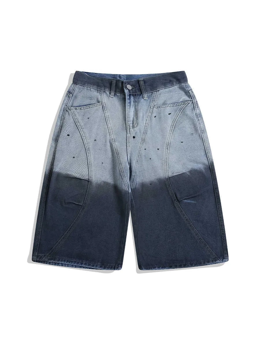 Blue tie-dye gradient cropped jeans with loose fit and mid waist design