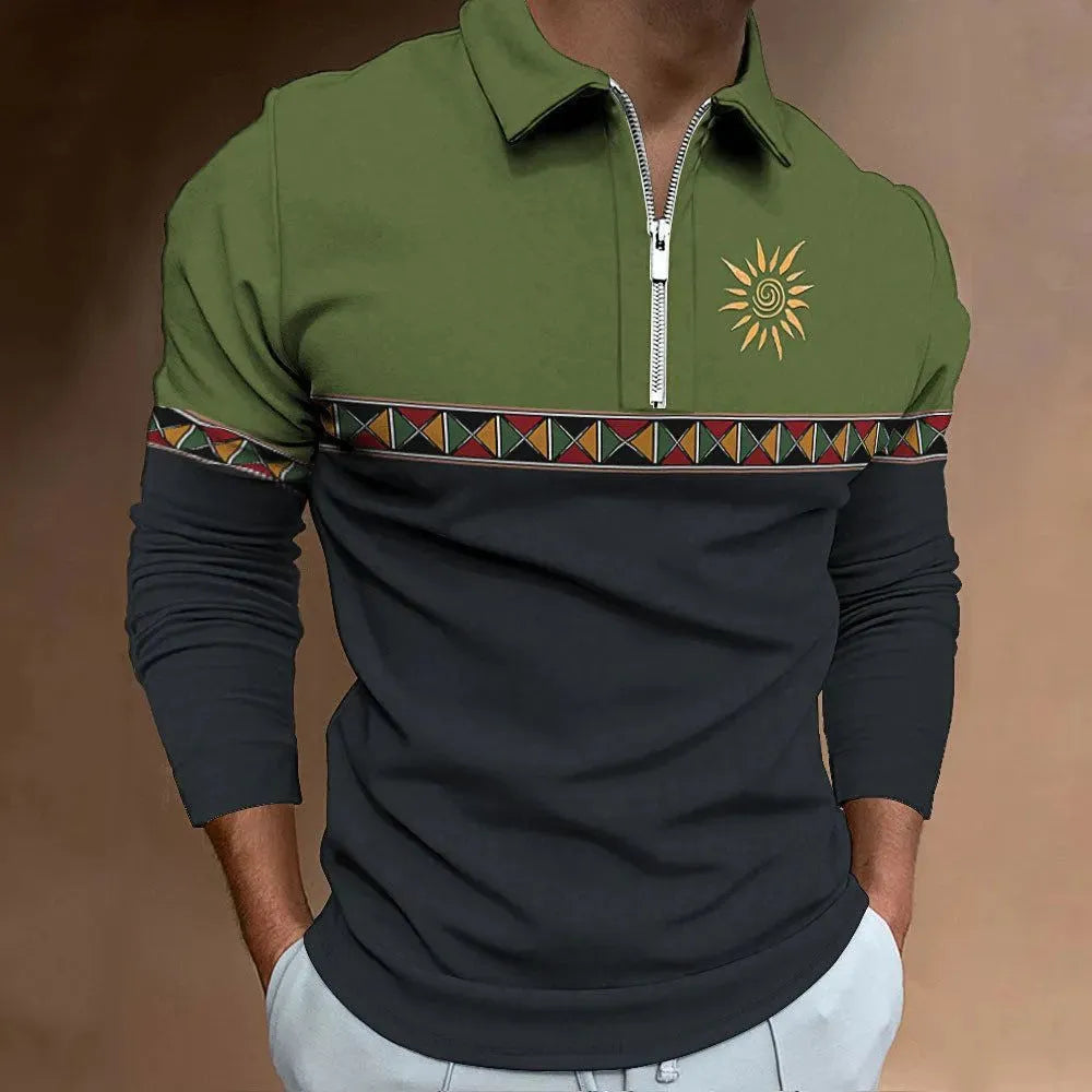Men's loose fit long sleeve T-shirt with retro colour printing and zip details on striped fabric