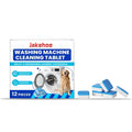 Pack of 12 white washing machine cleaning tablets for limescale removal.