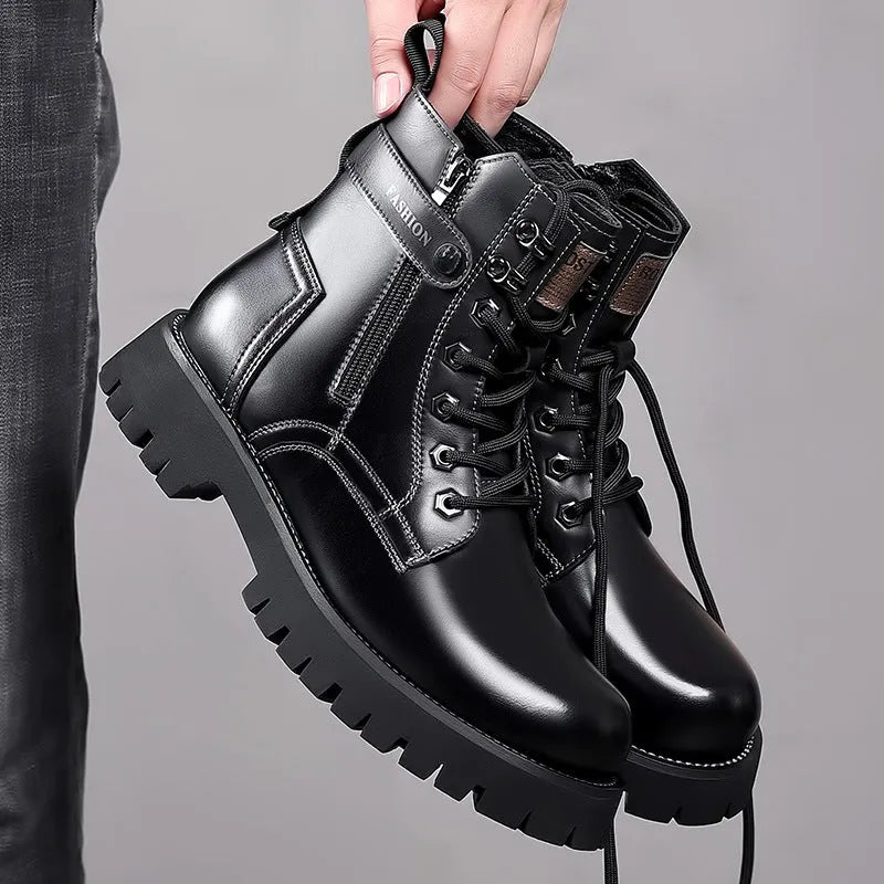 Men's thick-soled high-top Martin boots with side zipper in light brown colour showing cowhide upper and stitching detail