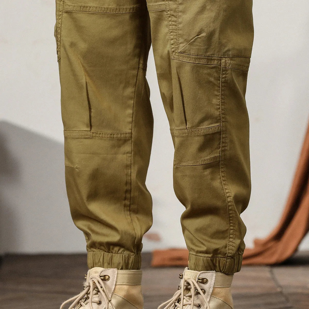 Men's cotton Korean style harem trousers with tapered legs in khaki colour