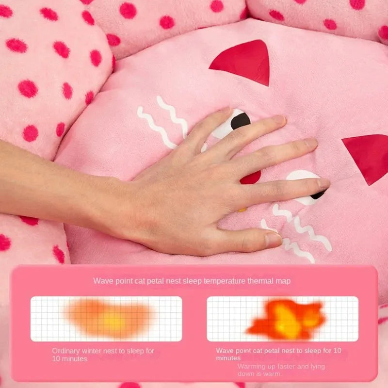 Pink dot fabric cat bed with fully cushioned design in 45cm and 65cm diameter sizes