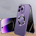 Magnetic phone case with anti-peep screen for iPhone, shown in multiple colours.