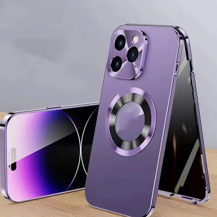 Magnetic phone case with anti-peep screen for iPhone, shown in multiple colours.