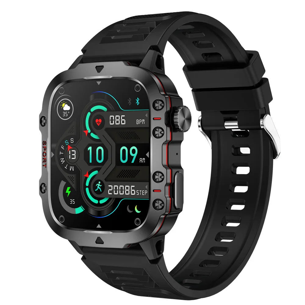 QX11 Smart Watch in black with silicone strap showing TFT touch screen displaying heart rate data.