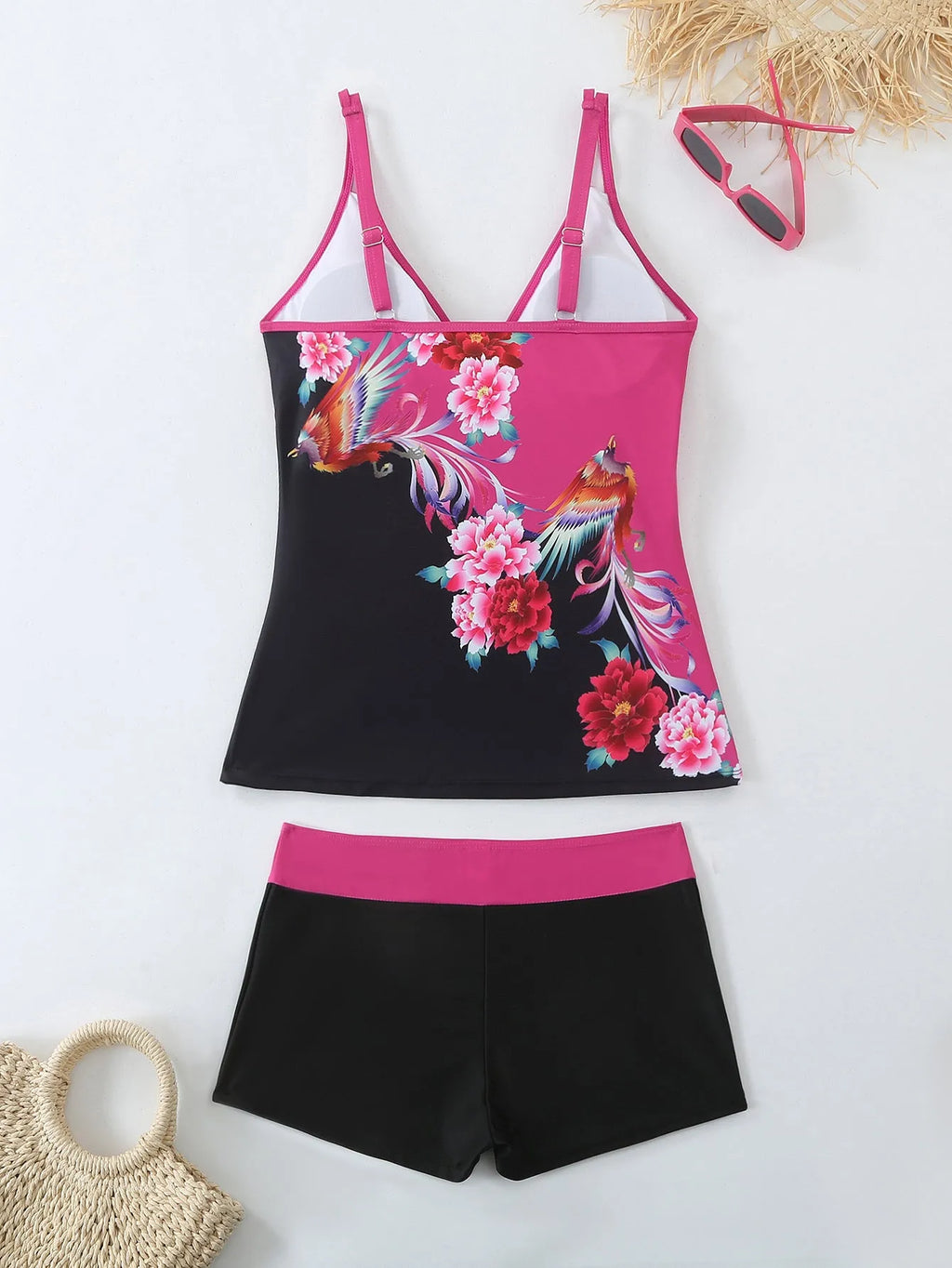 Plus size women's swimsuit set with cotton lining in black or rose red colours