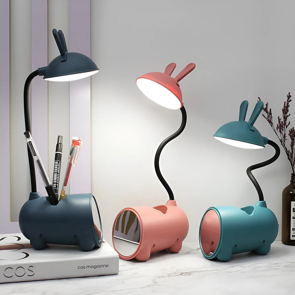 Cartoon-style USB desk lamp with pen container in green colour, dimensions 30cm long