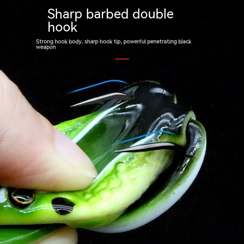 Bionic thunder frog snake head fishing lure with double hooks in grass green and black yellow dots colours