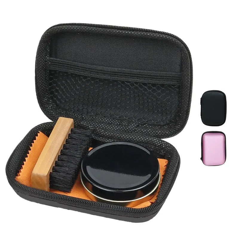 Leather shoe care set with black or colourless maintenance oil, shoe brush, and black bag