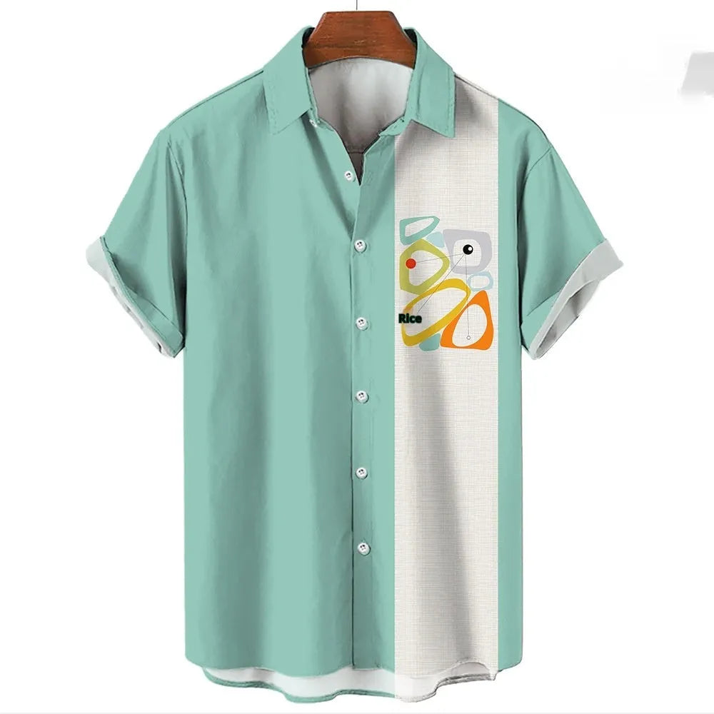 Men's striped Hawaiian short sleeve shirt with button front and elastic band construction