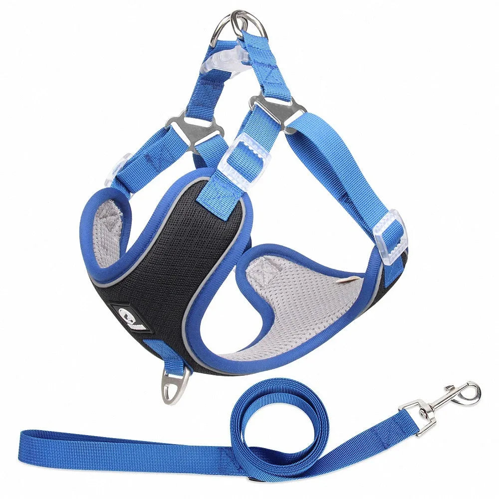 Adjustable mesh dog harness with reflective piping in multiple colour options