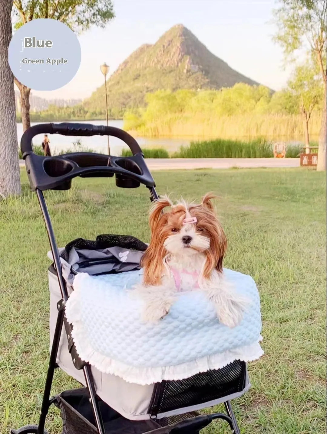Pure cotton pet stroller accessory set showing removable towel, cushion and pillow in striped pattern