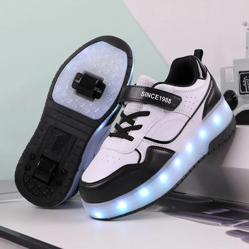 Kids' LED light-up roller skates with rechargeable wheels in pink, showing both two-wheel and four-wheel design options.
