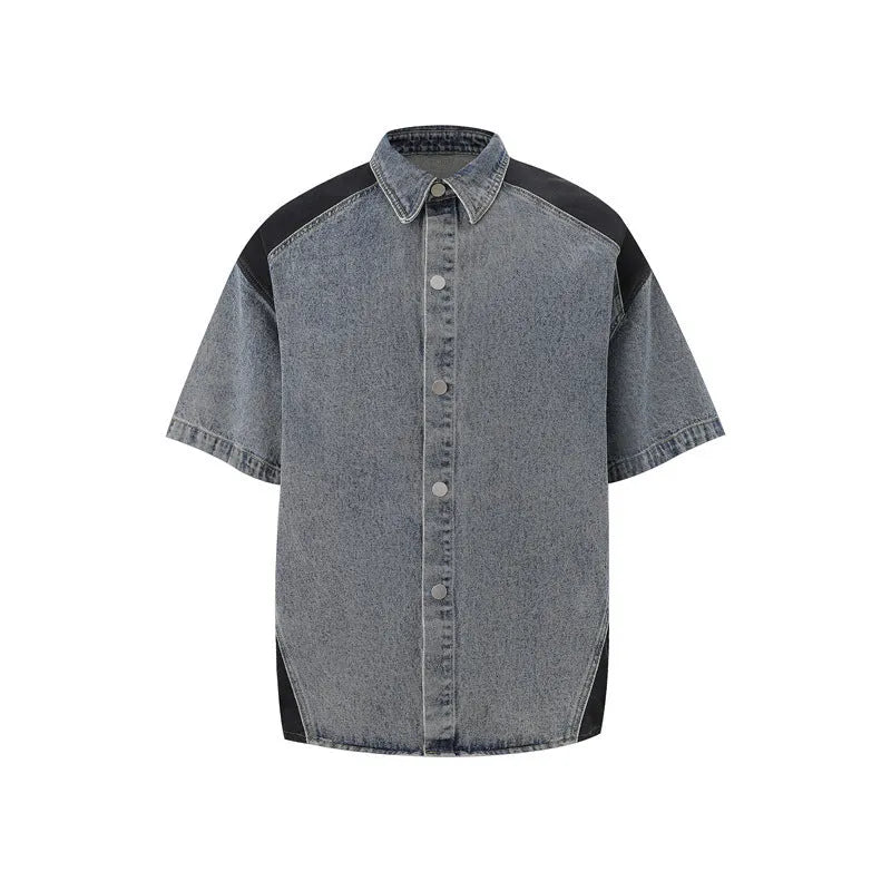Retro washed denim short-sleeve jacket and full-length trousers suit in blue street style