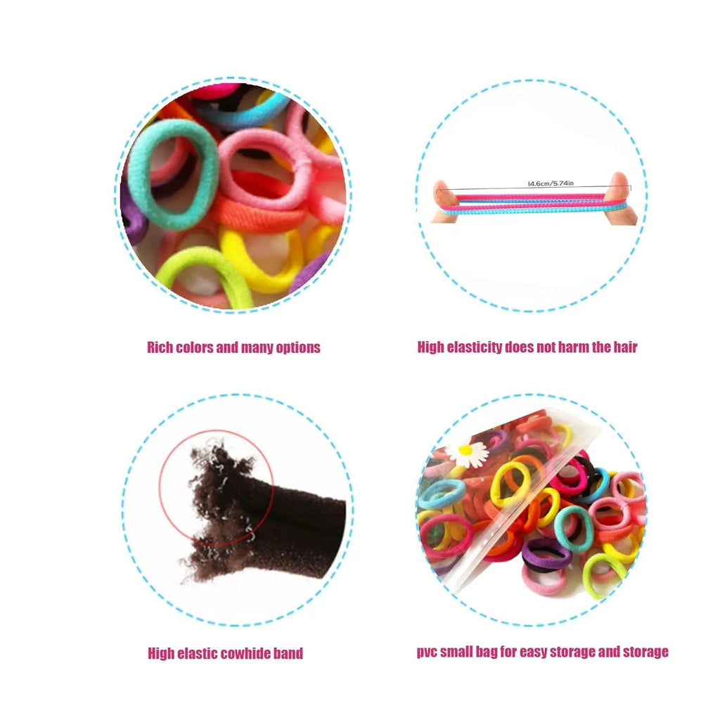 Multicolour assortment of 100 small seamless cotton baby hair ties in a jar.