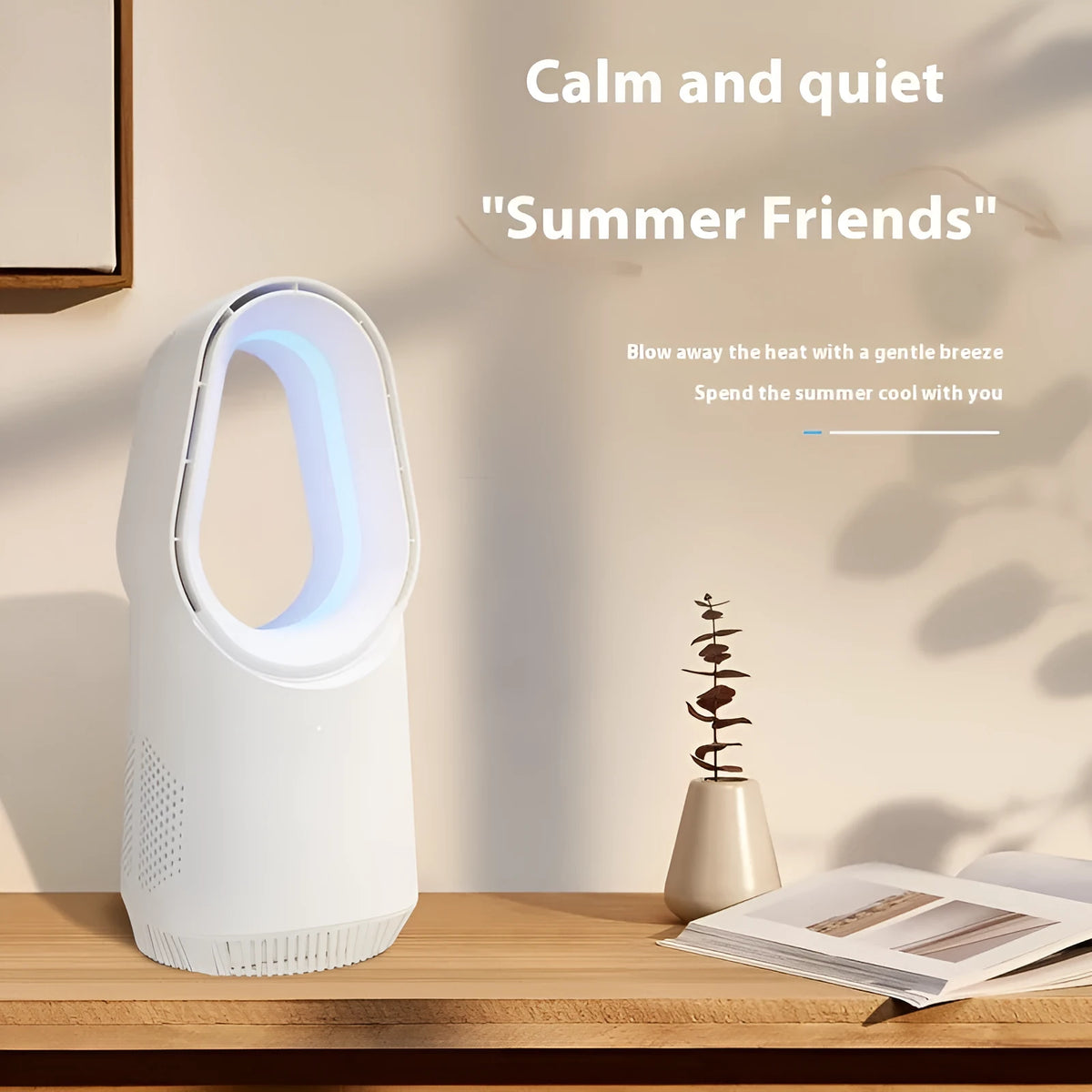 White bladeless tower fan with remote control on floor