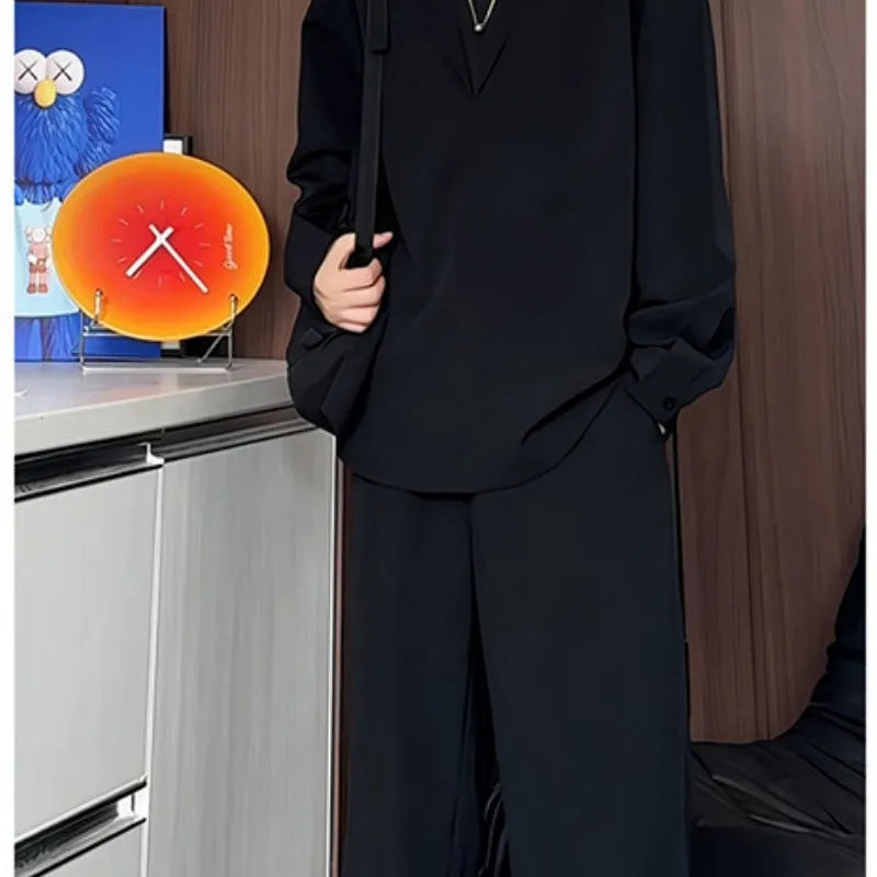 Men's black long sleeve polo shirt and trousers two-piece casual suit set on hanger