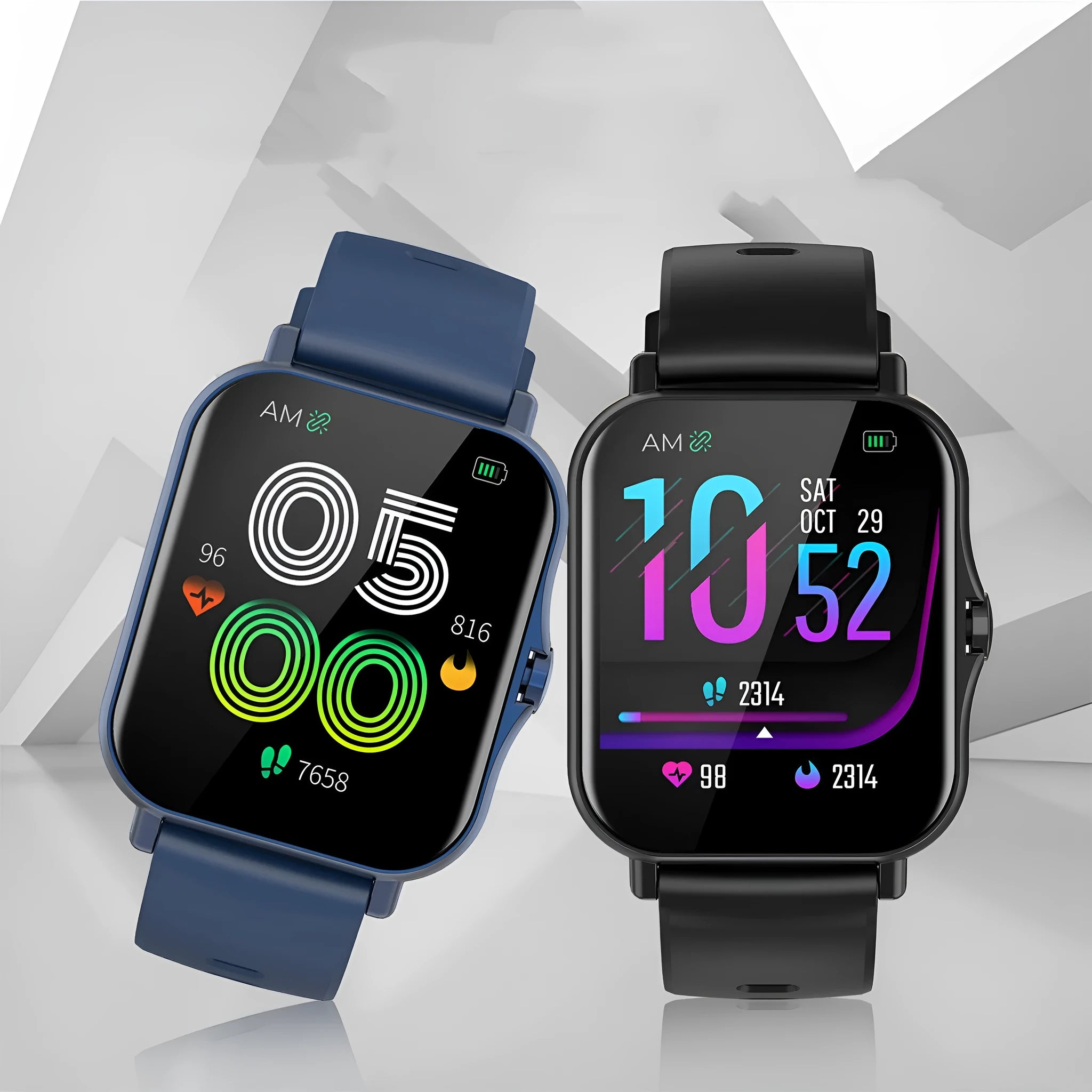 W10 Bluetooth smart watch for heart rate and blood pressure monitoring in blue, black, gold, or silver.