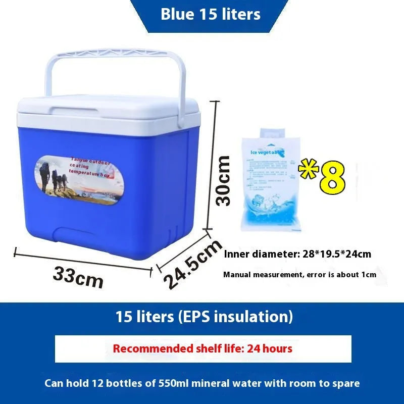 Blue portable insulated cooler box with aluminium foil lining, showing various capacity size options.