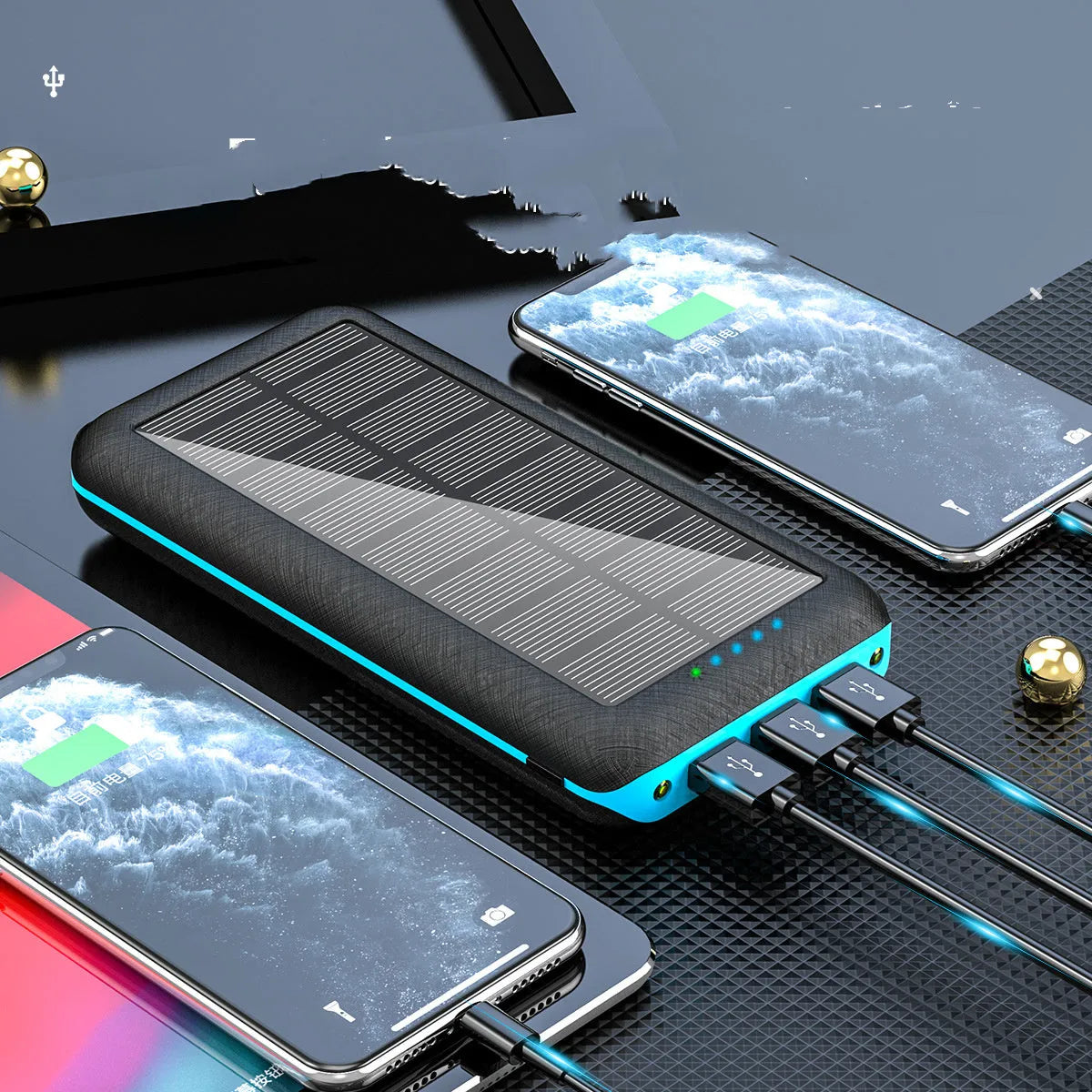 Black portable power bank with wireless Qi charging pad, three USB ports, and LED flashlight