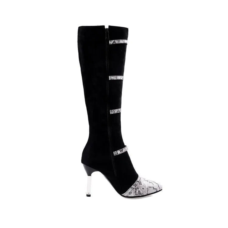 Women's grey and black knee high boots with thin high heels for autumn wear