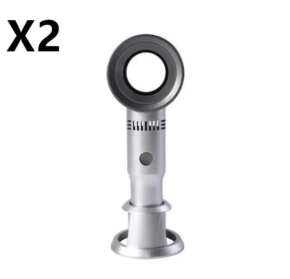 Compact portable bladeless fan in chosen colour on its base, with USB cable for charging.