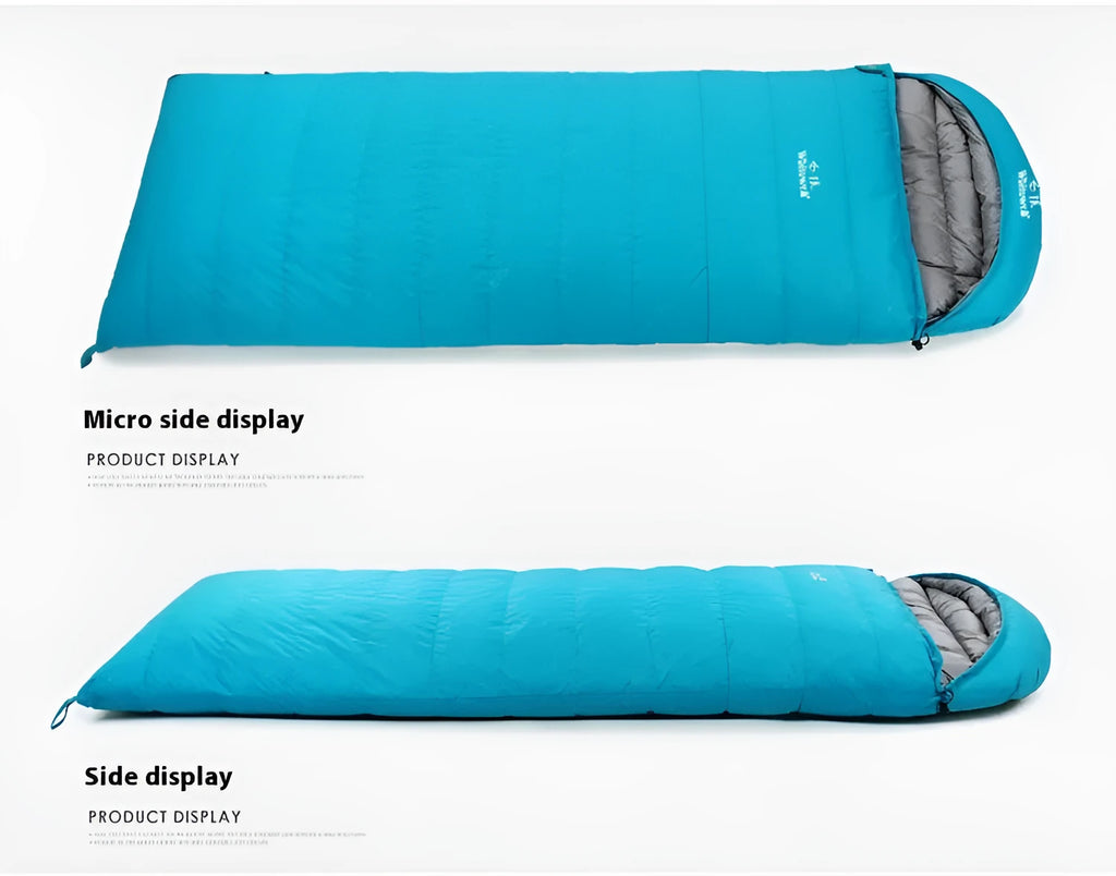 Black outdoor sleeping bag with envelope structure and white goose down filling