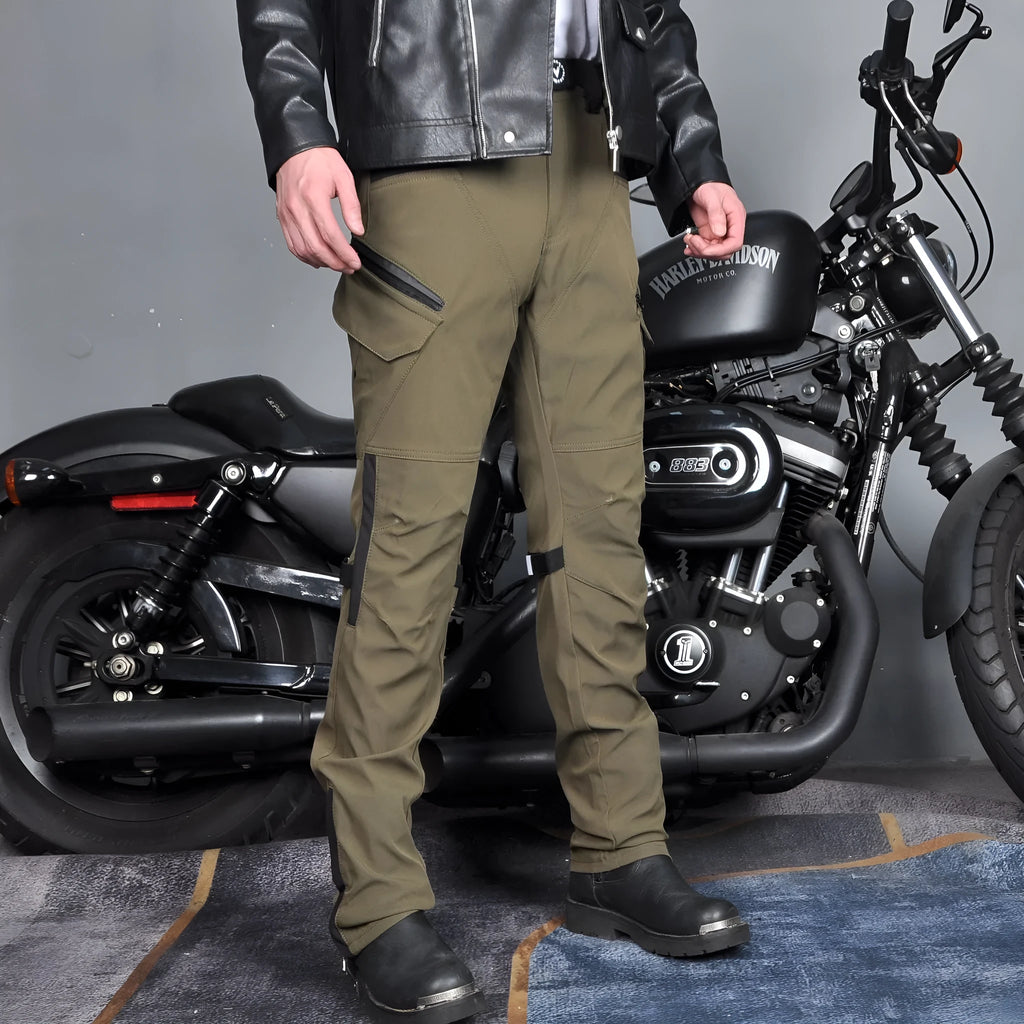 Men's waterproof motorcycle cycling trousers in black or green with belt and protective gear set