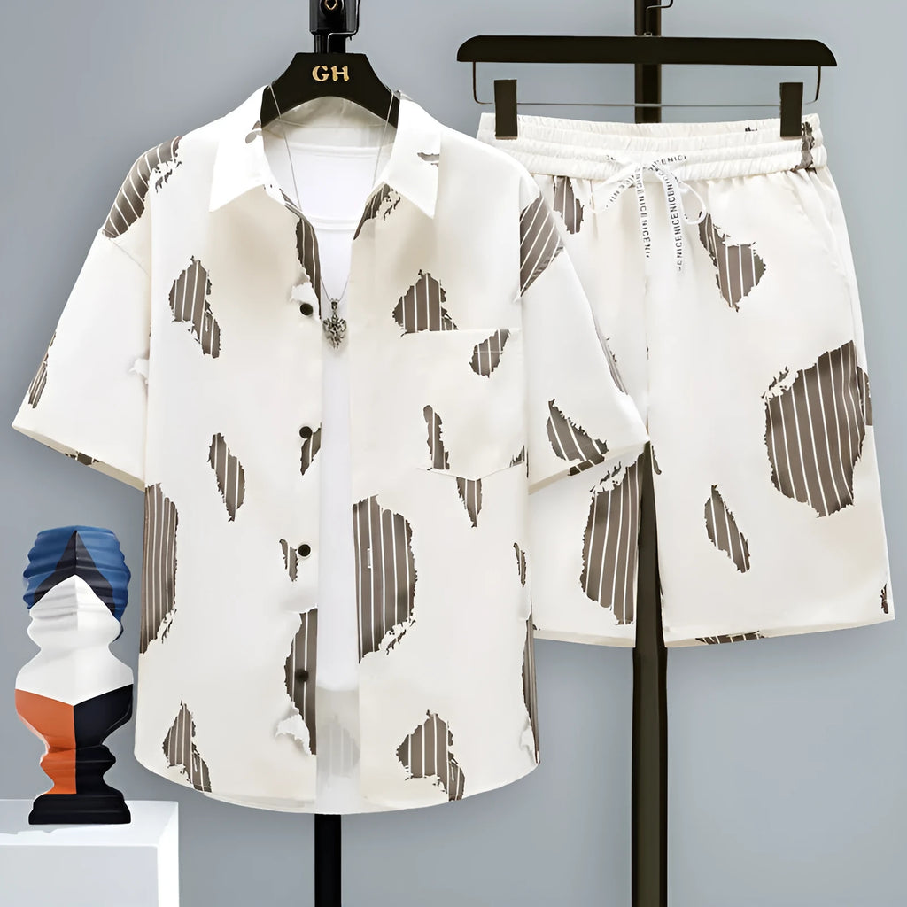 Men's casual sports two-piece set featuring a short sleeve top and matching shorts in a colour swatch.