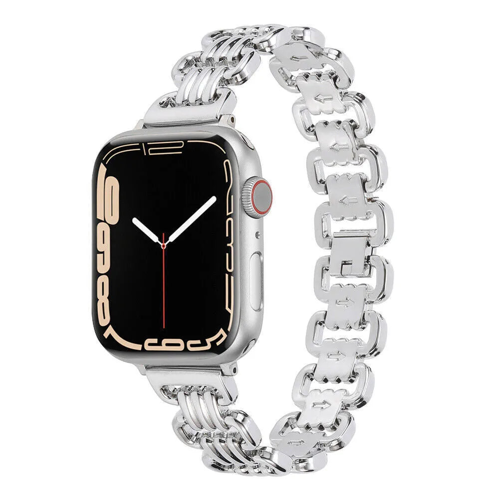 Alloy metal Apple Watch strap in silver, black, gold, rose gold, and Starlight colours on a watch case.