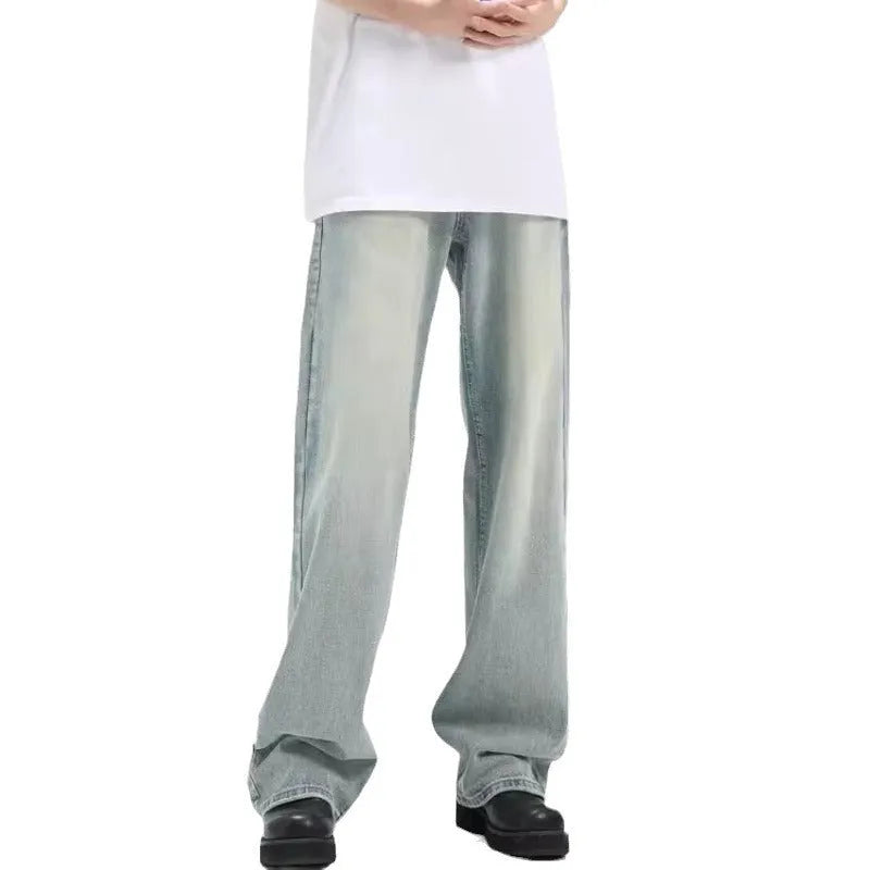 Blue retro loose-fit casual trousers with an elastic waistband, made from rabbit fur fabric.